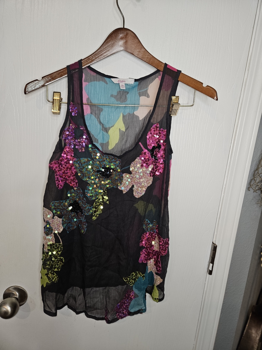 Candie's Black Mesh Tank with Multicolor Sequin Floral Appliqués